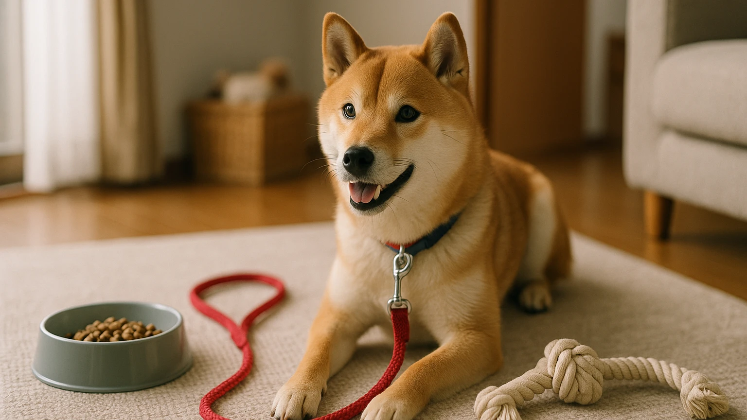 コジマで柴犬を迎えるための基本ガイドに合わせたアイキャッチ。柴犬とペット用品の利用シーンを表現。 要点：コジマでは、柴犬の魅力や特徴をしっかりと理解することがで