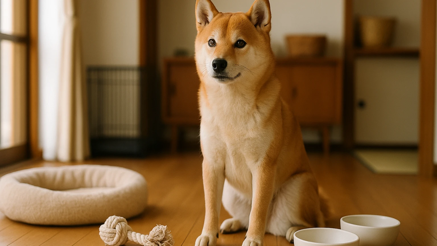 柴犬と快適に過ごすための生活空間の整え方に合わせたアイキャッチ。柴犬とペット用品の利用シーンを表現。 要点：柴犬が快適に過ごすためには、生活空間の重要性を理解す