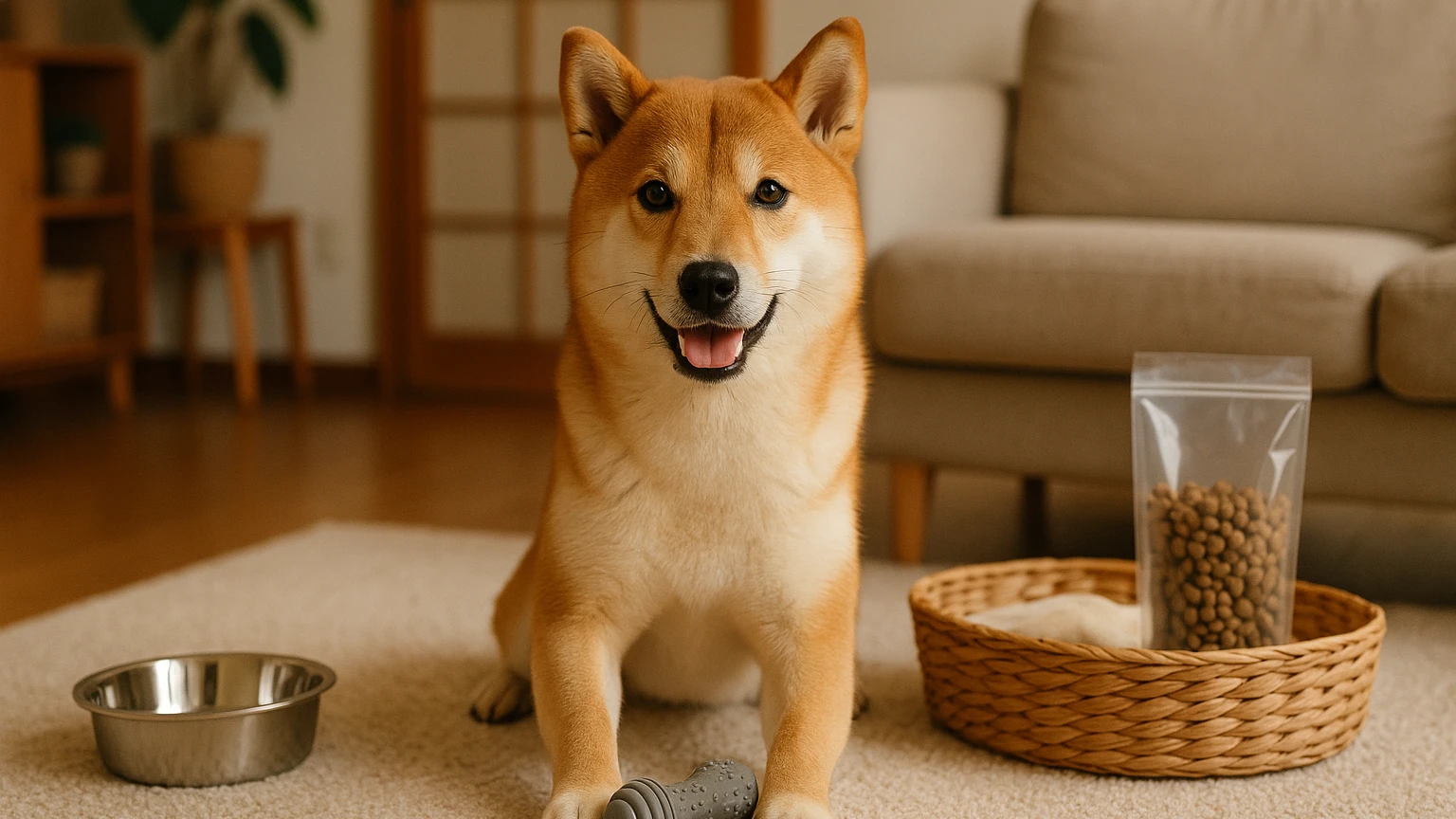 柴犬の健康管理がなぜ重要なのかを理解しように合わせたアイキャッチ。柴犬とペット用品の利用シーンを表現。 要点：柴犬の健康管理は、愛犬が健康で幸せに過ごすために欠