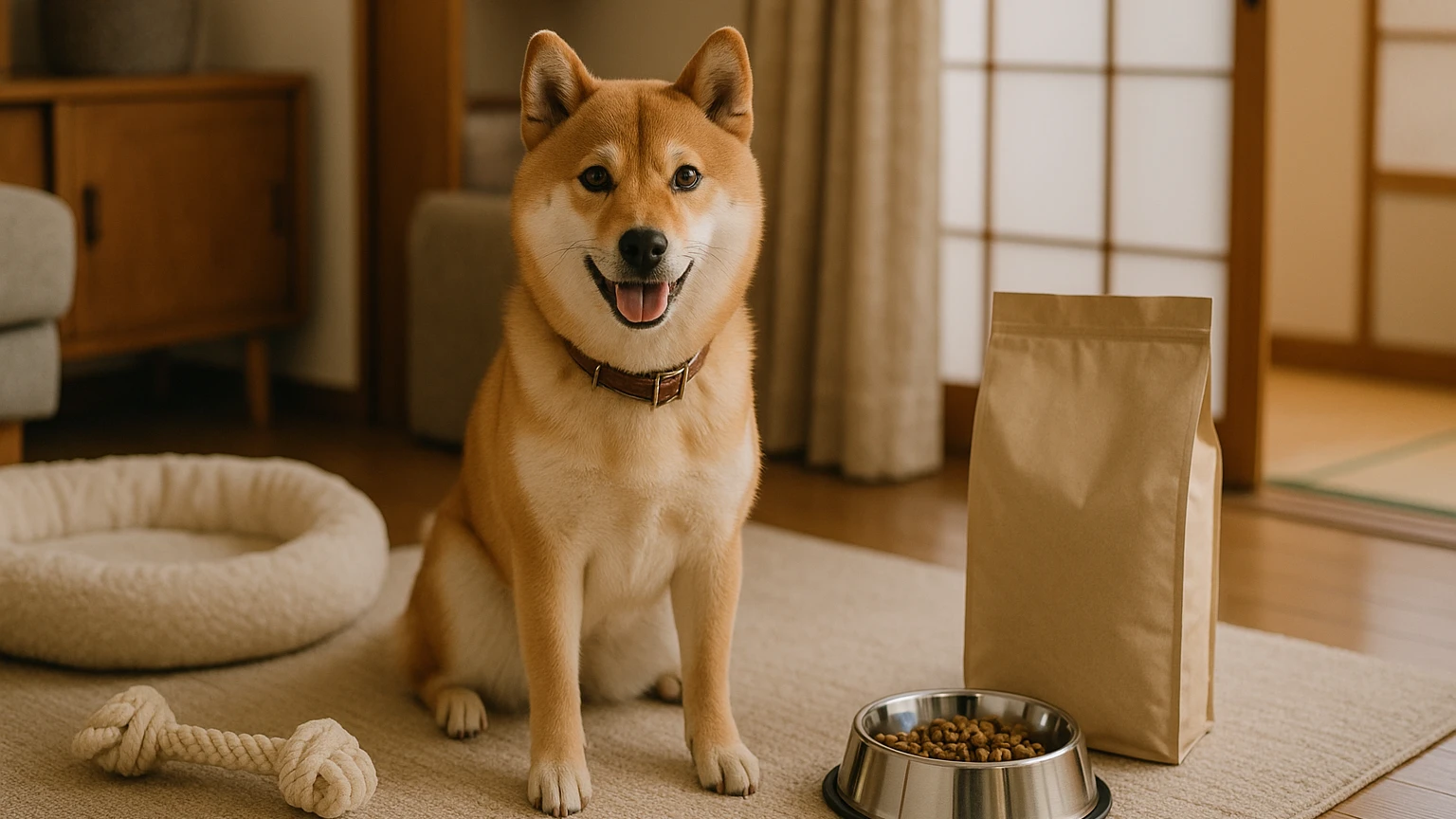 ひごで柴犬を飼うための基本知識と行動手順に合わせたアイキャッチ。柴犬とペット用品の利用シーンを表現。 要点：ひごで柴犬を飼う際には、法律や規制、飼育に必要な環境