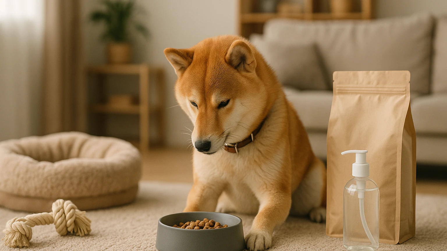 柴犬におすすめのペット商品を徹底解説しますに合わせたアイキャッチ。柴犬とペット用品の利用シーンを表現。 要点：柴犬に最適なペット商品を選ぶためには、まずその特性