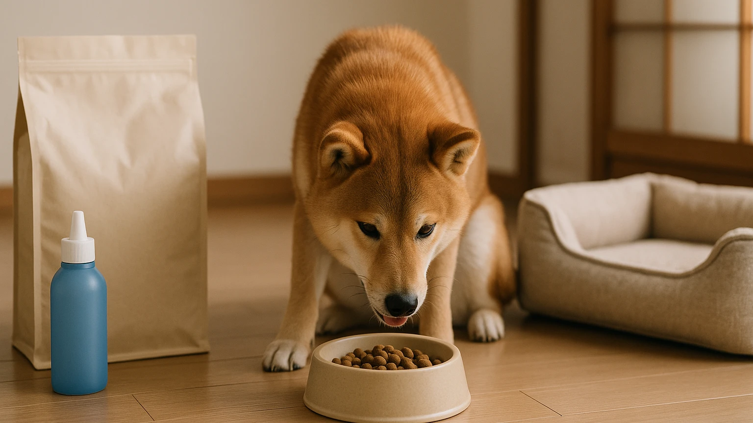 柴犬の健康管理における食事の注意点を知ろうに合わせたアイキャッチ。柴犬とペット用品の利用シーンを表現。 要点：柴犬の健康を維持するためには、適切な食事が不可欠で