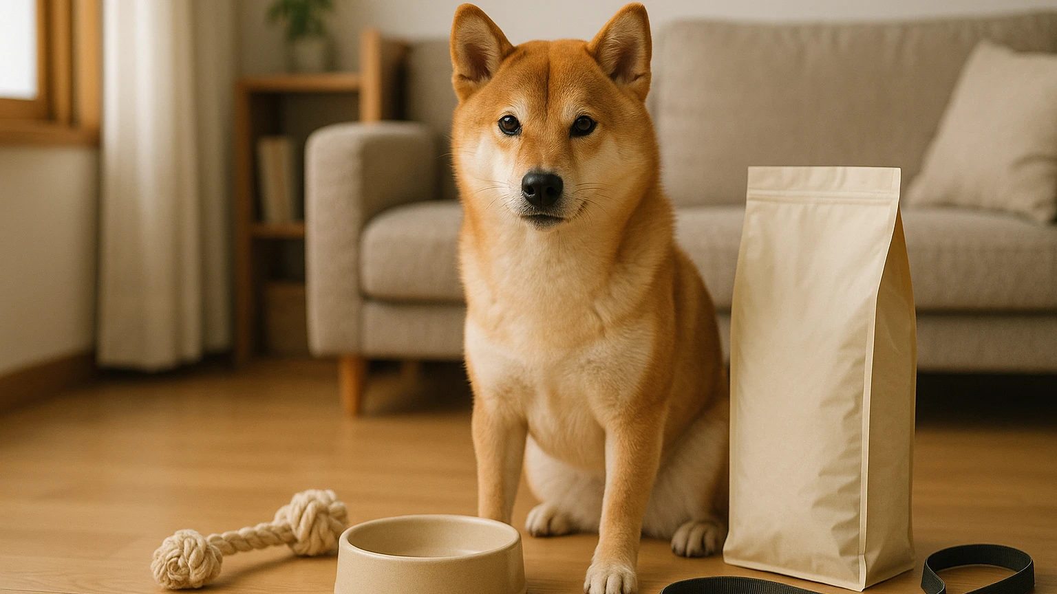 柴犬の性格や特徴を理解してペットとして迎え入れように合わせたアイキャッチ。柴犬とペット用品の利用シーンを表現。 要点：柴犬は日本の伝統的な犬種で、その性格や特徴
