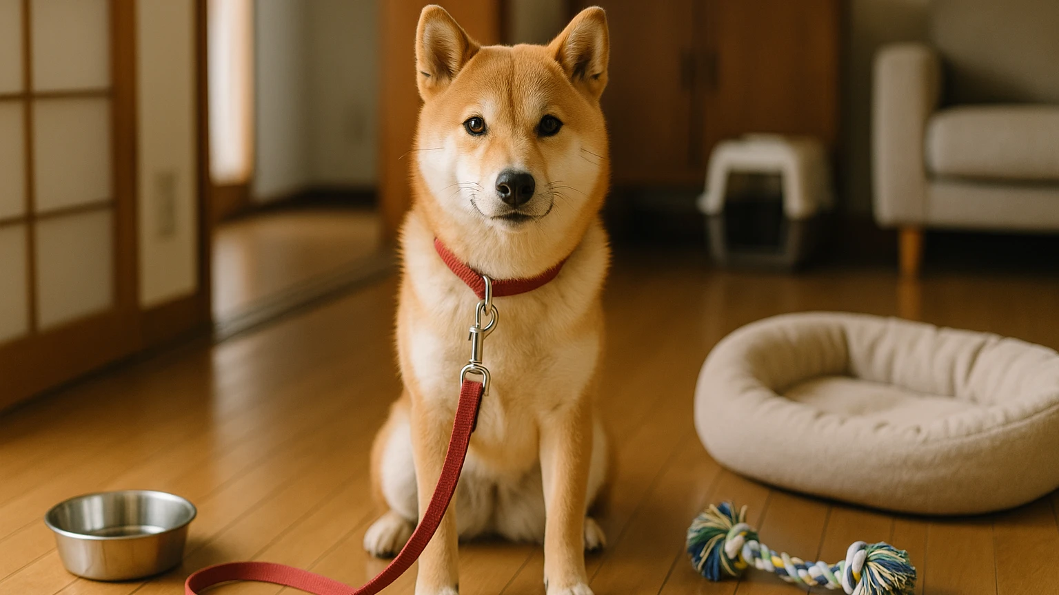 ミミクリーペットとしての柴犬の飼い方を学ぶ方法に合わせたアイキャッチ。柴犬とペット用品の利用シーンを表現。 要点：ミミクリーペットとして柴犬を飼うことは、愛情深