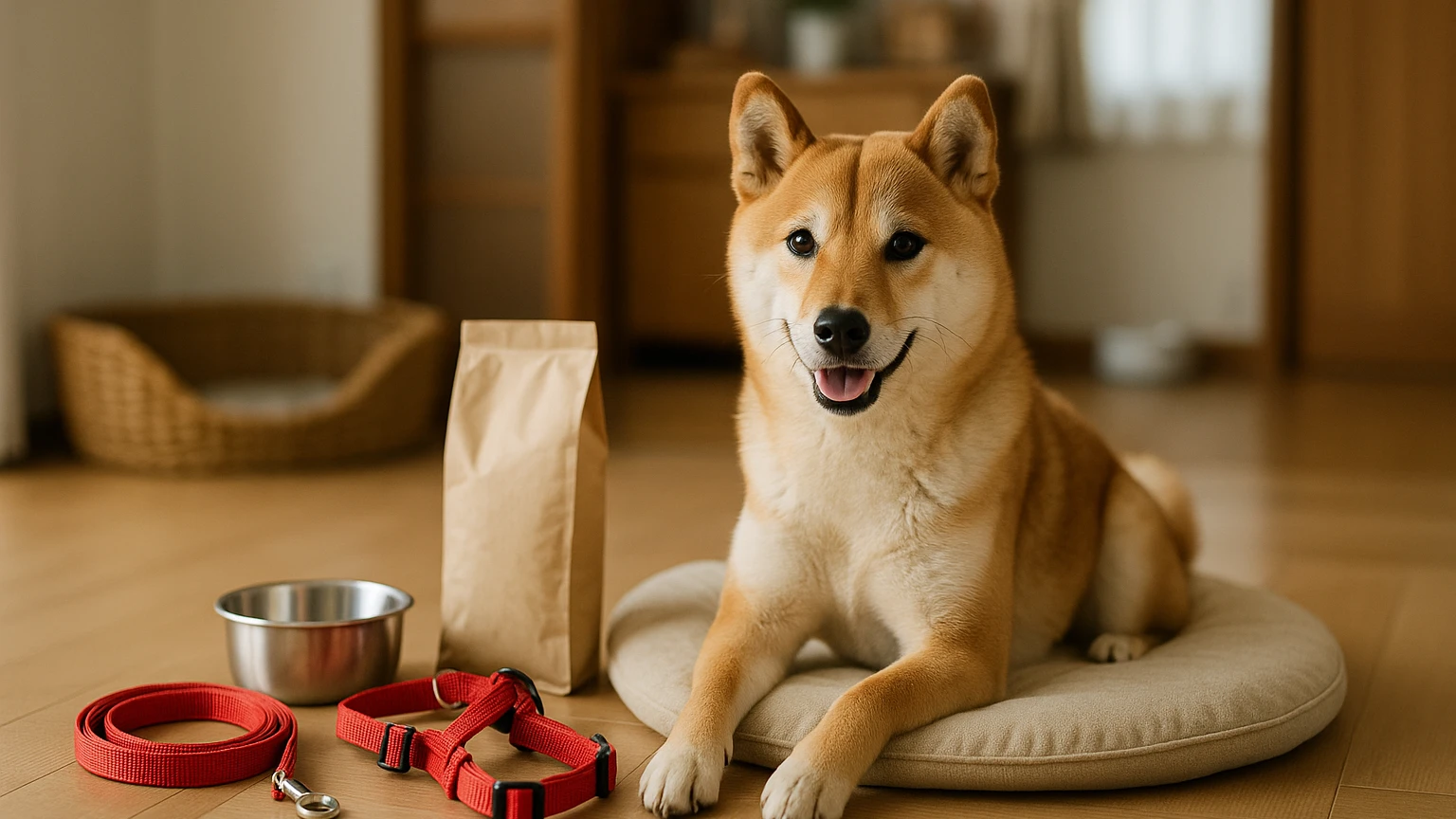 柴犬の飼い主におすすめのグッズを紹介しますに合わせたアイキャッチ。柴犬とペット用品の利用シーンを表現。 要点：柴犬の飼い主が選ぶべきグッズは、犬の生活スタイルや