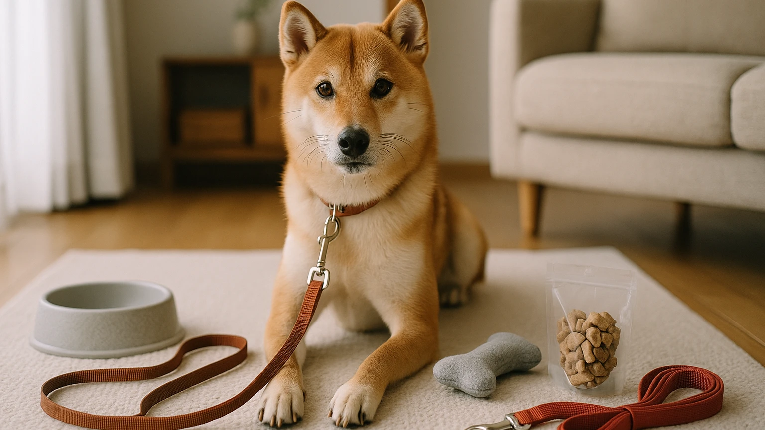 柴犬のしつけトレーニングを成功させるための基本ガイドに合わせたアイキャッチ。柴犬とペット用品の利用シーンを表現。 要点：柴犬のしつけトレーニングは、犬と飼い主の