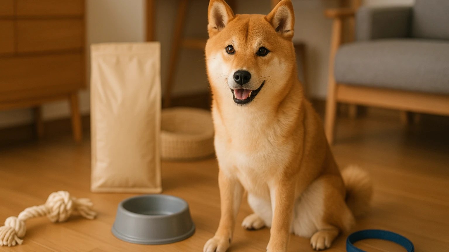 コジマで柴犬をペット販売で購入する方法と注意点に合わせたアイキャッチ。柴犬とペット用品の利用シーンを表現。 要点：コジマで販売されている柴犬は、その独特な魅力と