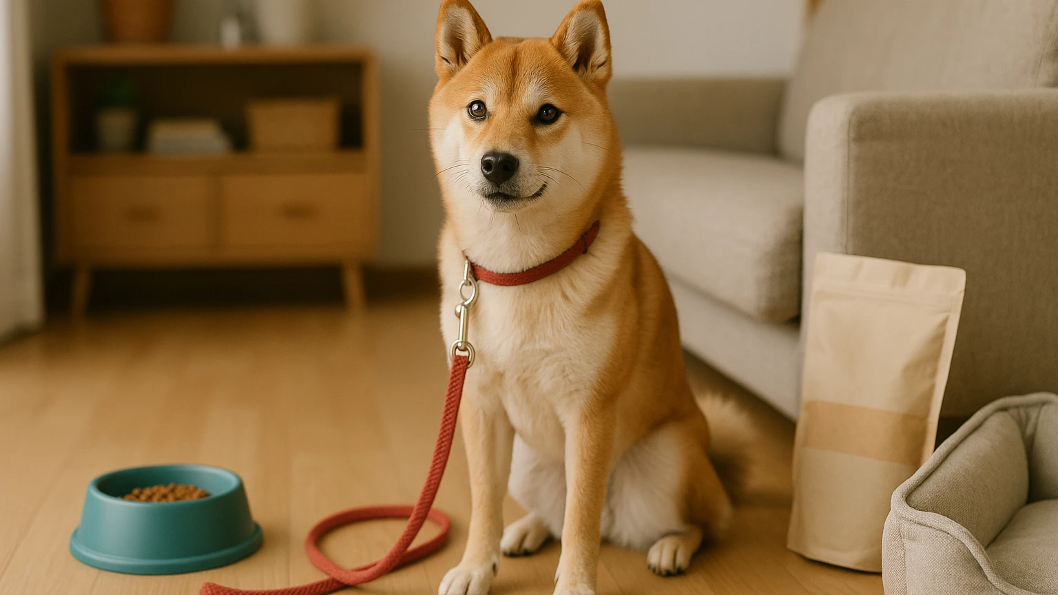 ジュエルのペット用品を柴犬に活用する方法に合わせたアイキャッチ。柴犬とペット用品の利用シーンを表現。 要点：ジュエルのペット用品は、柴犬を含む様々な犬種に特化し