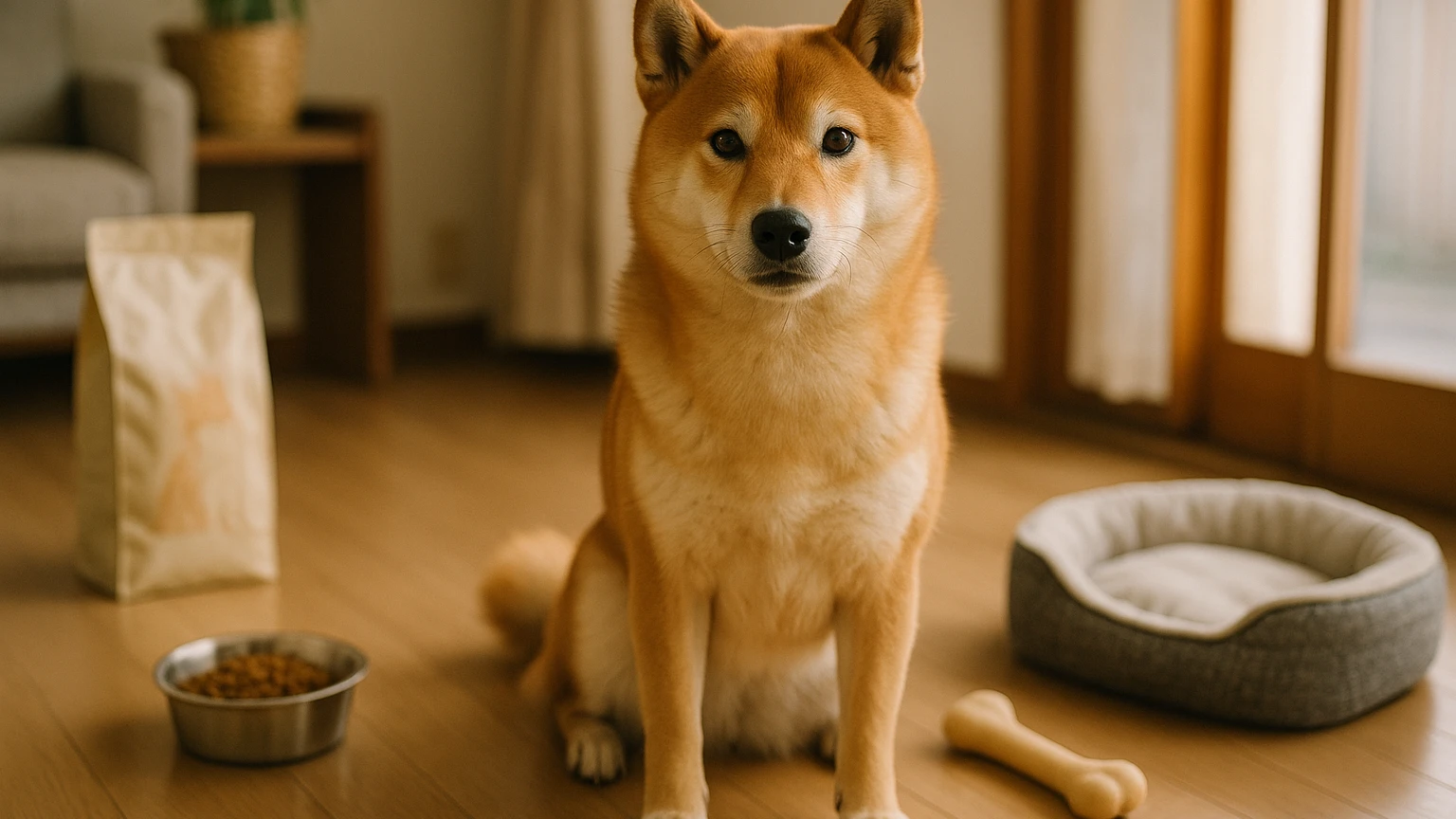 柴犬をテーマにしたペイントペットの楽しみ方に合わせたアイキャッチ。柴犬とペット用品の利用シーンを表現。 要点：ペイントペットは、愛犬の柴犬をアートとして表現する