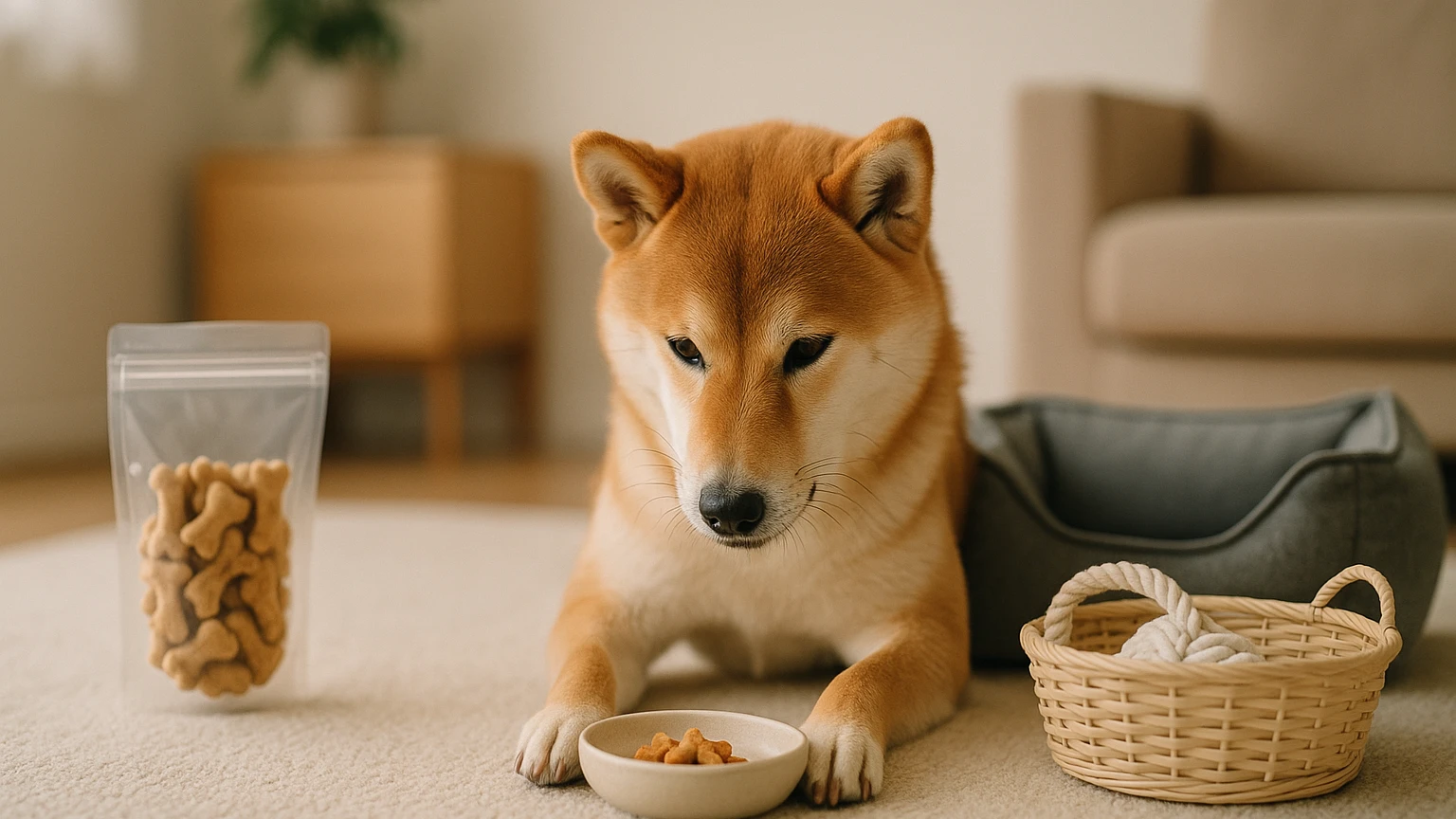 柴犬に最適なおやつを選ぶためのおすすめガイドに合わせたアイキャッチ。柴犬とペット用品の利用シーンを表現。 要点：おやつは柴犬の健康やしつけに役立つ重要な要素です