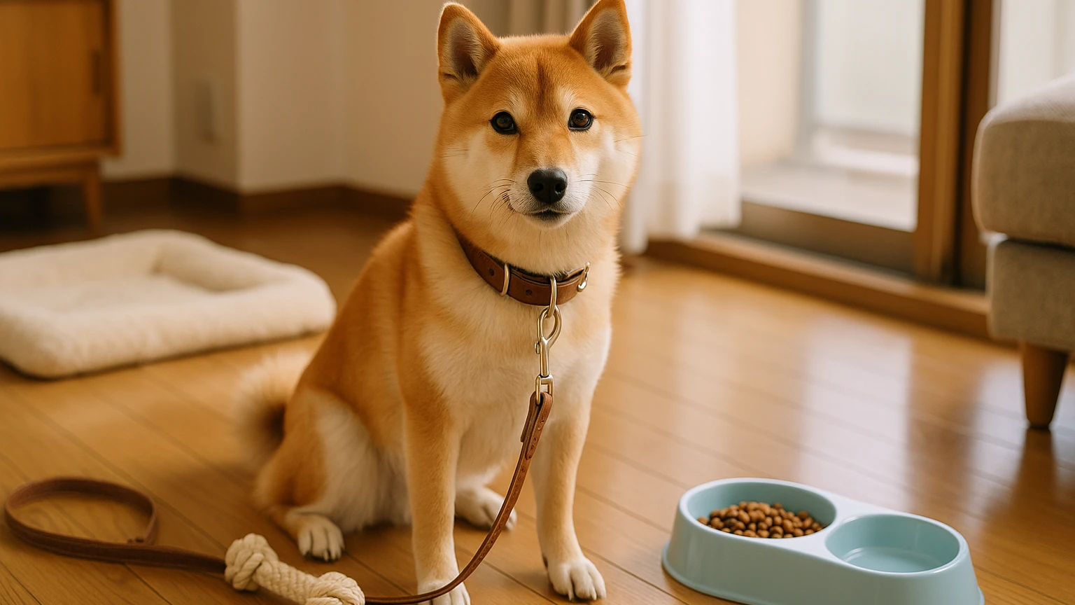 マルエスのペットとしての柴犬の魅力と飼い方に合わせたアイキャッチ。柴犬とペット用品の利用シーンを表現。 要点：マルエスと柴犬は、共に愛される存在です。マルエスは