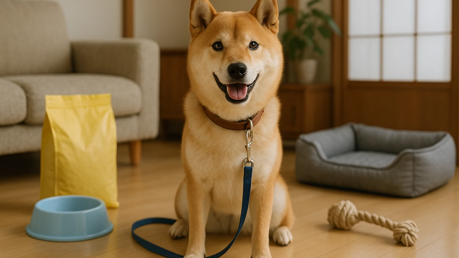 パーフェクトなペットとしての柴犬のおすすめポイントに合わせたアイキャッチ。柴犬とペット用品の利用シーンを表現。 要点：柴犬はその独特な魅力と性格で多くの人に愛さ