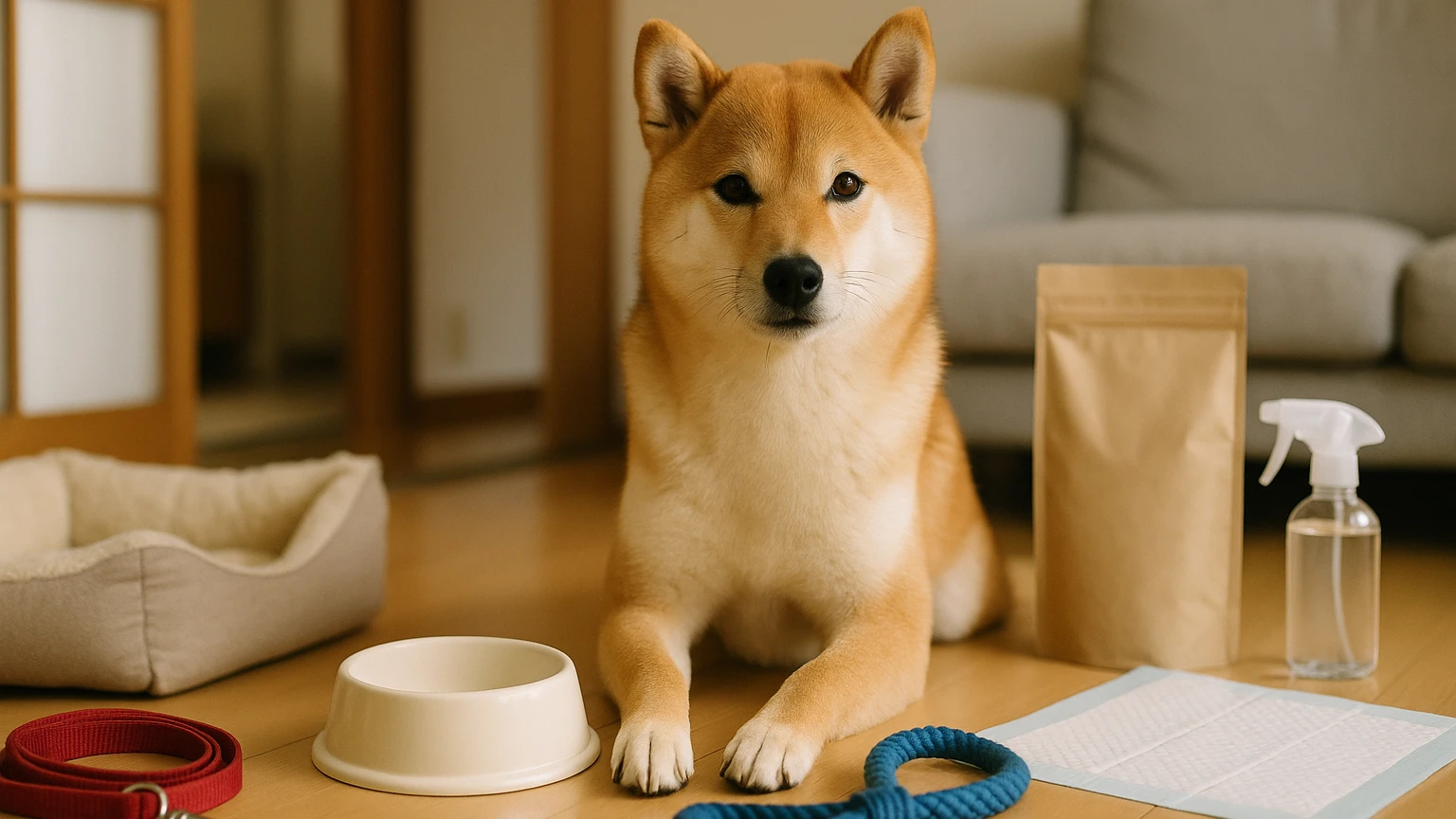コジマで柴犬をお世話するための基本ガイドに合わせたアイキャッチ。柴犬とペット用品の利用シーンを表現。 要点：柴犬をお世話することは、彼らの特性を理解し、信頼関係