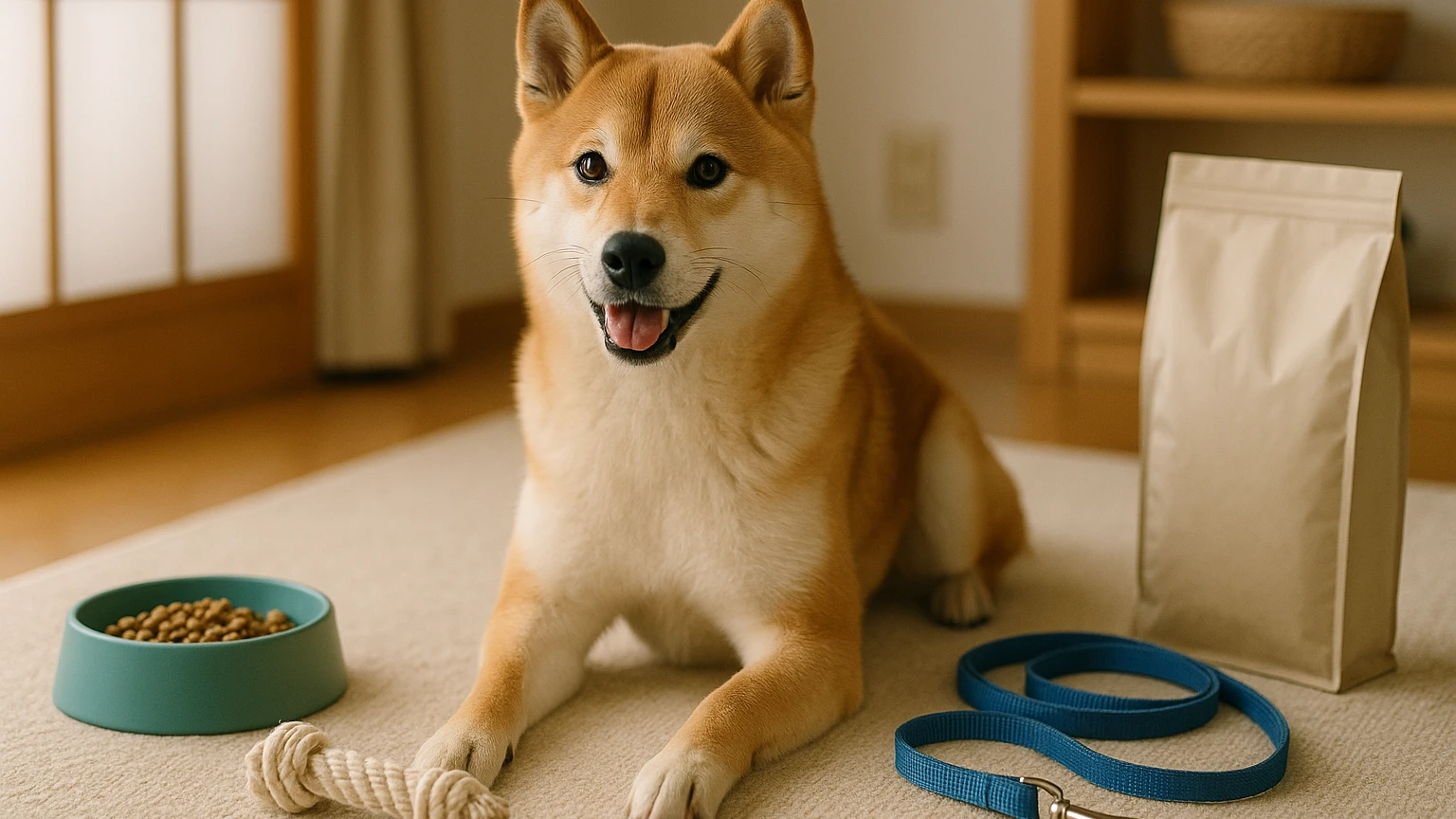 柴犬の健康管理方法を初心者向けに解説しますに合わせたアイキャッチ。柴犬とペット用品の利用シーンを表現。 要点：柴犬の健康管理は、愛犬の健康を維持し、病気を予防す