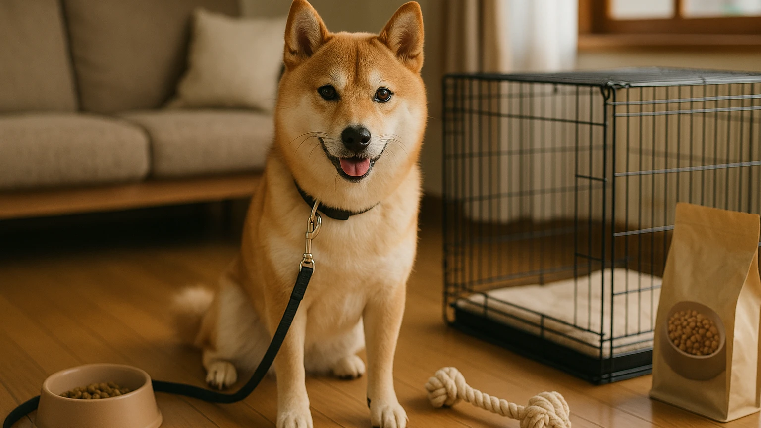 カインズで学ぶ柴犬の飼い方と必要な準備に合わせたアイキャッチ。柴犬とペット用品の利用シーンを表現。 要点：柴犬を飼うためには、彼らの特徴や性格を理解することが重