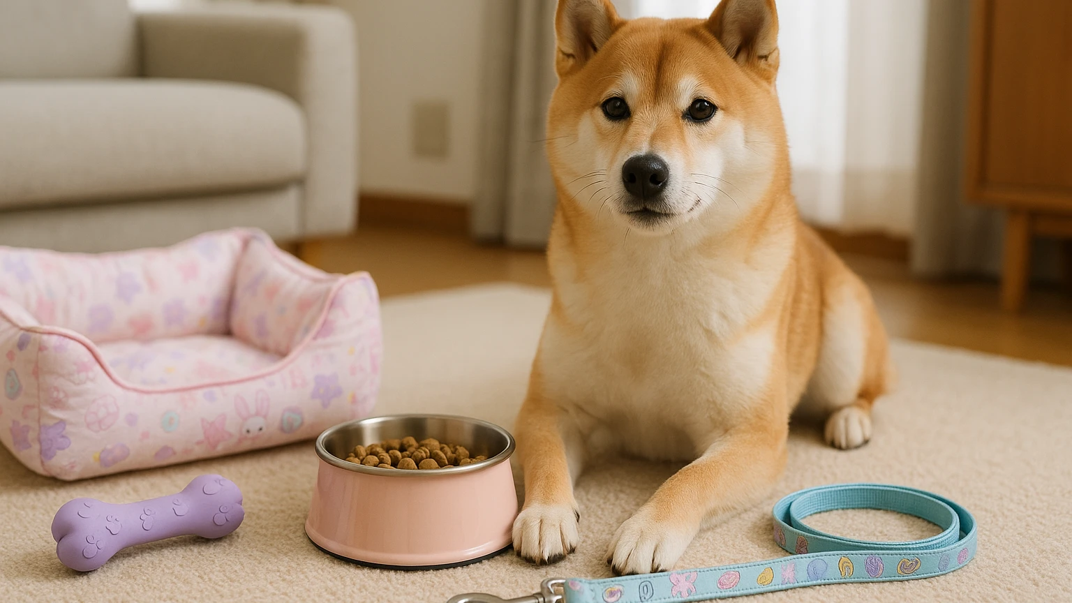柴犬におすすめのジュエルペットグッズを紹介しますに合わせたアイキャッチ。柴犬とペット用品の利用シーンを表現。 要点：ジュエルペットグッズは、可愛らしいデザインと