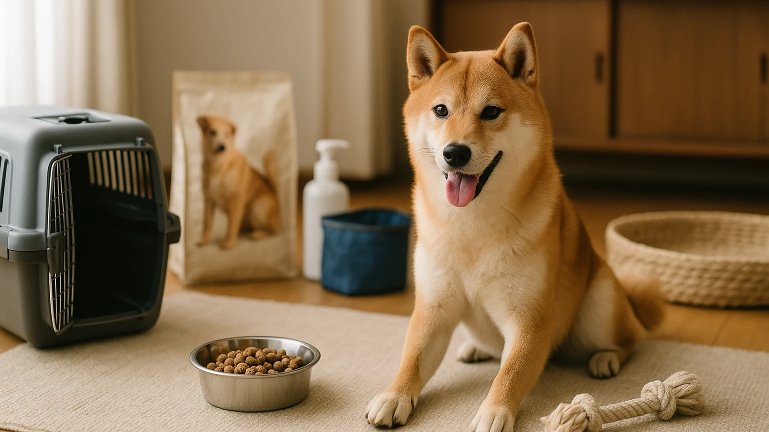 イオンで柴犬を購入するための基本ガイドに合わせたアイキャッチ。柴犬とペット用品の利用シーンを表現。 要点：柴犬を購入する際には、彼らの特徴や性格を理解し、信頼で