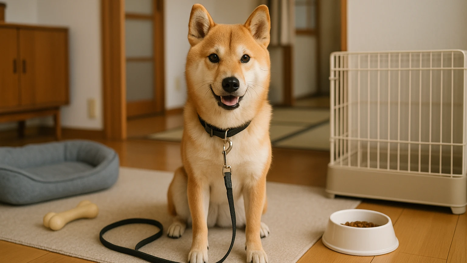 柴犬のしつけ方法とコツを初心者向けに解説しますに合わせたアイキャッチ。柴犬とペット用品の利用シーンを表現。 要点：柴犬のしつけは、犬との良好な関係を築くために不