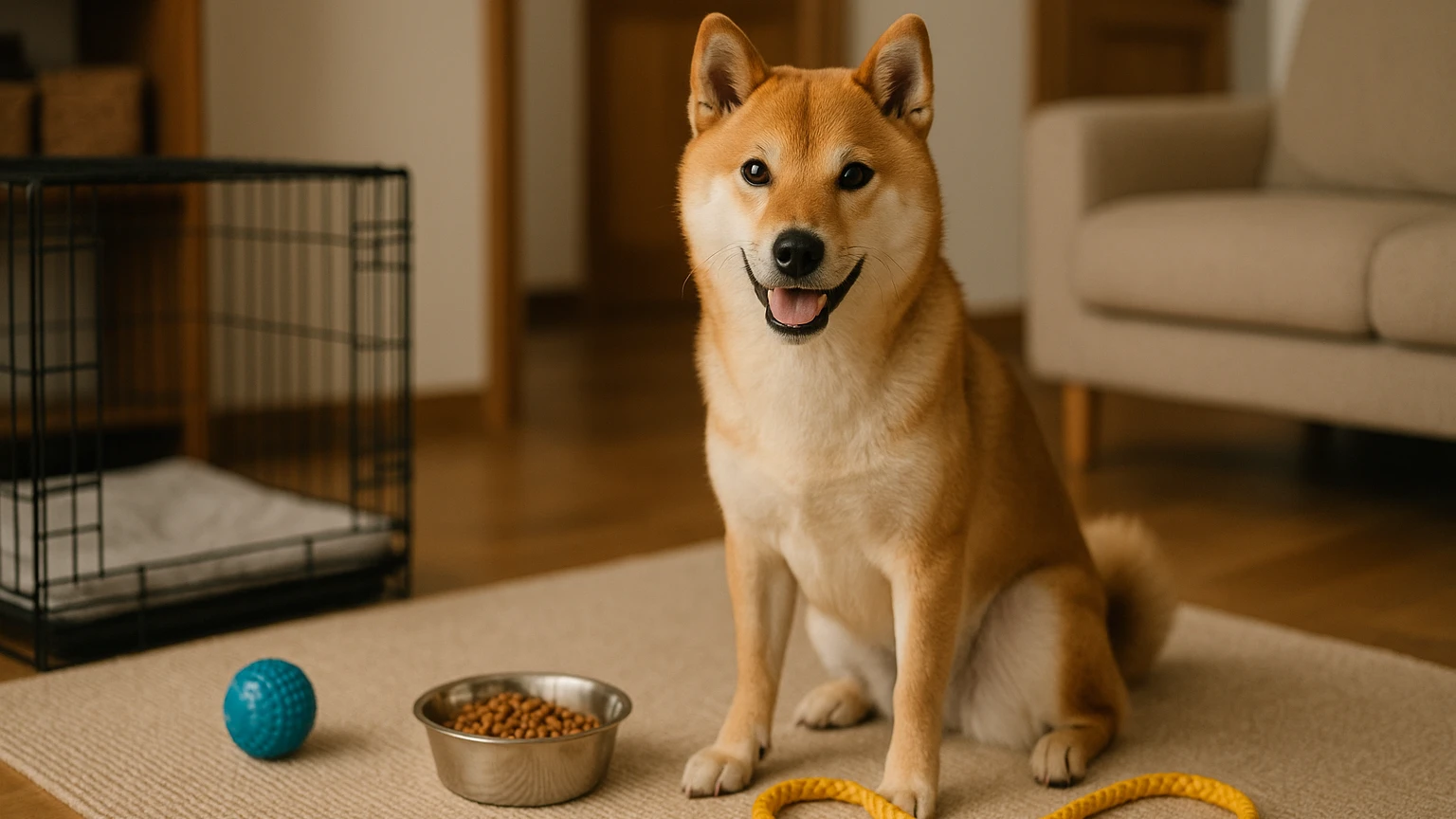 柴犬のしつけの教え方を初心者向けに解説しますに合わせたアイキャッチ。柴犬とペット用品の利用シーンを表現。 要点：柴犬のしつけは、犬との良好な関係を築くために欠か