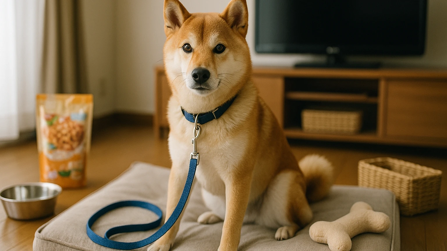 イオンで購入できる柴犬向けのペット用品を紹介しますに合わせたアイキャッチ。柴犬とペット用品の利用シーンを表現。 要点：柴犬向けのペット用品を選ぶ際は、サイズや素