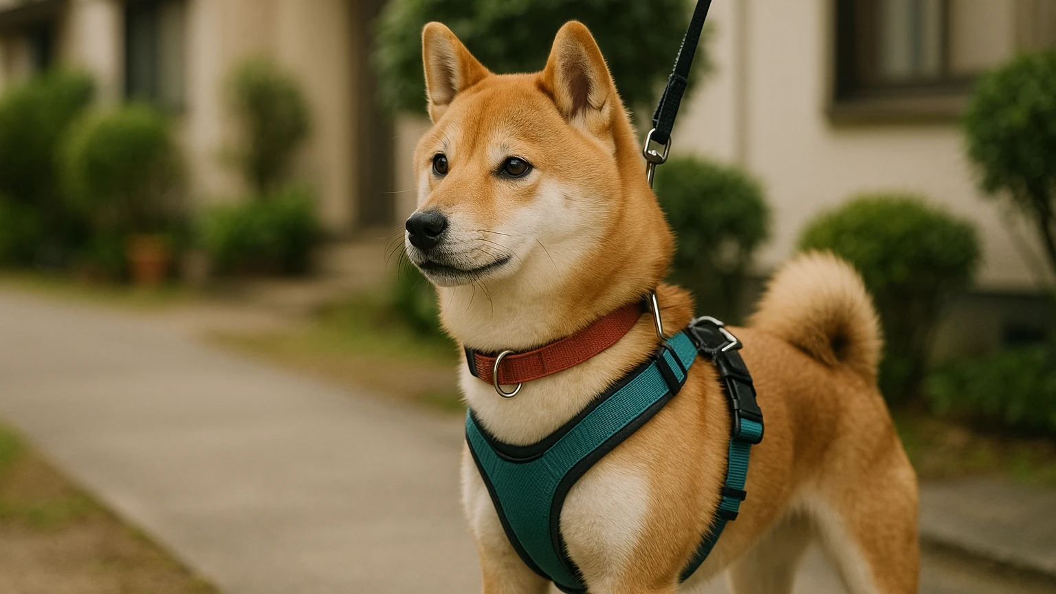 柴犬の散歩に必要な時間とそのポイントに合わせたアイキャッチ。柴犬と首輪・ハーネスの利用シーンを表現。 要点：柴犬にとって散歩は健康維持やストレス解消に欠かせない