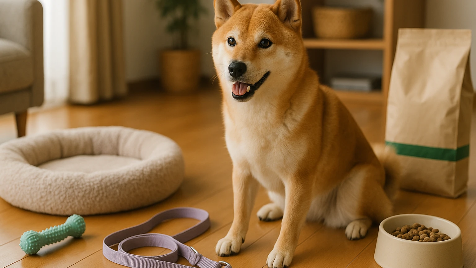 柴犬を飼うならカインズでの準備が大切ですに合わせたアイキャッチ。柴犬とペット用品の利用シーンを表現。 要点：柴犬を飼うには、その性格や健康管理、しつけの重要性を