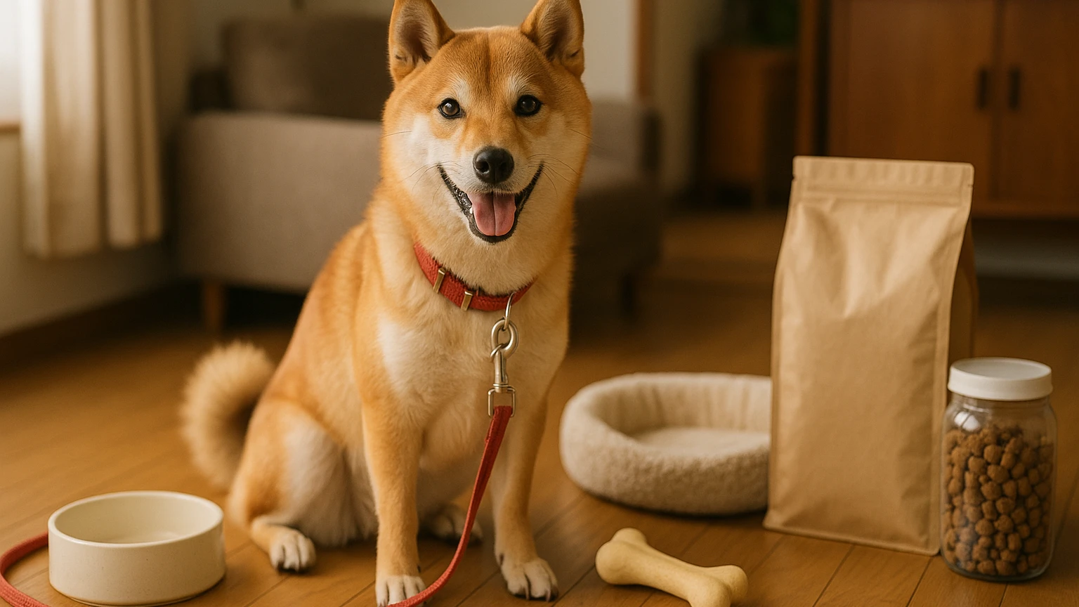 柴犬をペットとして迎えるためのコジマでの選び方に合わせたアイキャッチ。柴犬とペット用品の利用シーンを表現。 要点：柴犬をペットとして選ぶ際には、その性格や特徴を
