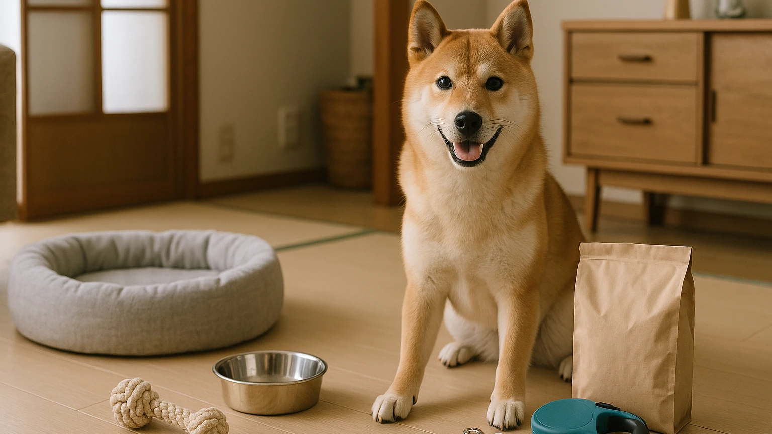 柴犬をペットとして迎えるための基本知識と準備に合わせたアイキャッチ。柴犬とペット用品の利用シーンを表現。 要点：柴犬はその愛らしい外見と独特の性格で、多くの人々