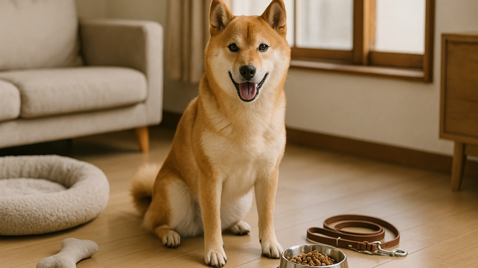 柴犬を飼うためのパーフェクトガイド初心者向けに合わせたアイキャッチ。柴犬とペット用品の利用シーンを表現。 要点：柴犬はその愛らしい外見と独特の性格で、多くの人々