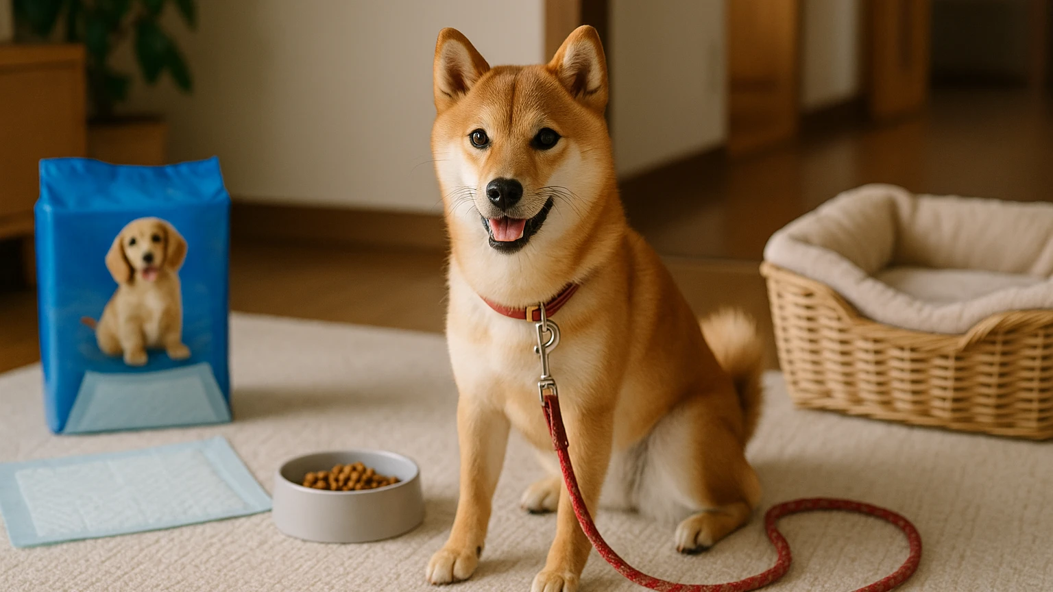 柴犬をペットとして迎えるためのユニチャーム活用法に合わせたアイキャッチ。柴犬とペット用品の利用シーンを表現。 要点：ユニチャームは、柴犬を飼う際に役立つ多くの製
