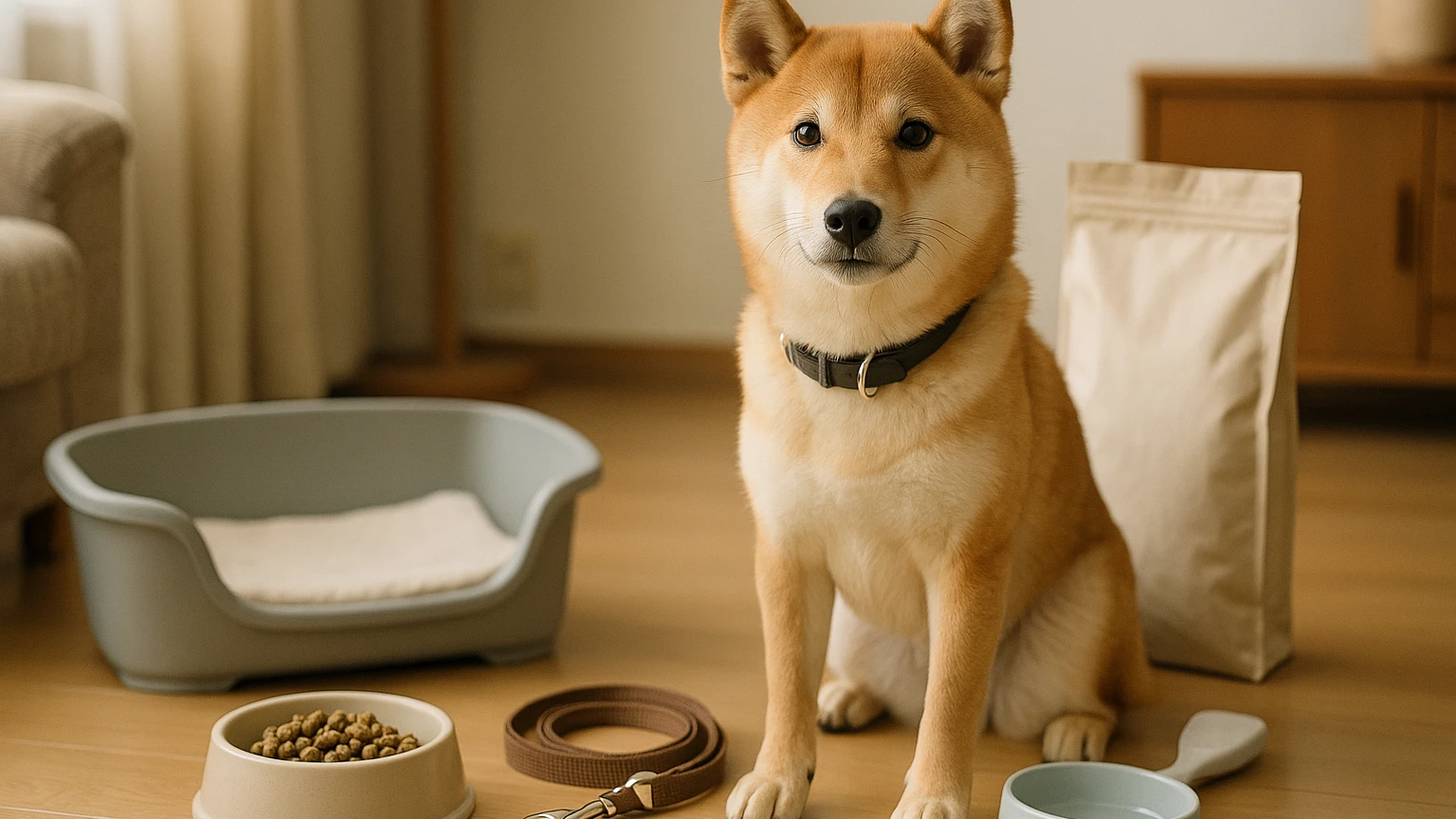 柴犬のお世話方法を初心者が理解するためのガイドに合わせたアイキャッチ。柴犬とペット用品の利用シーンを表現。 要点：柴犬のお世話には、犬種特有の特性を理解し、適切