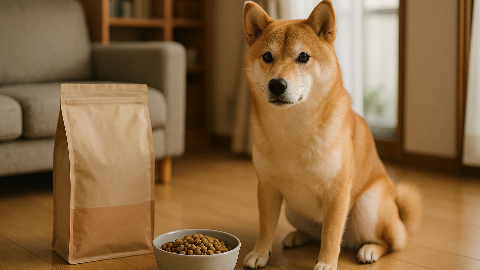 柴犬におすすめのペットフードを選ぶポイントに合わせたアイキャッチ。柴犬とペットフードの利用シーンを表現。 要点：柴犬にとって適切なペットフードは、健康を維持する