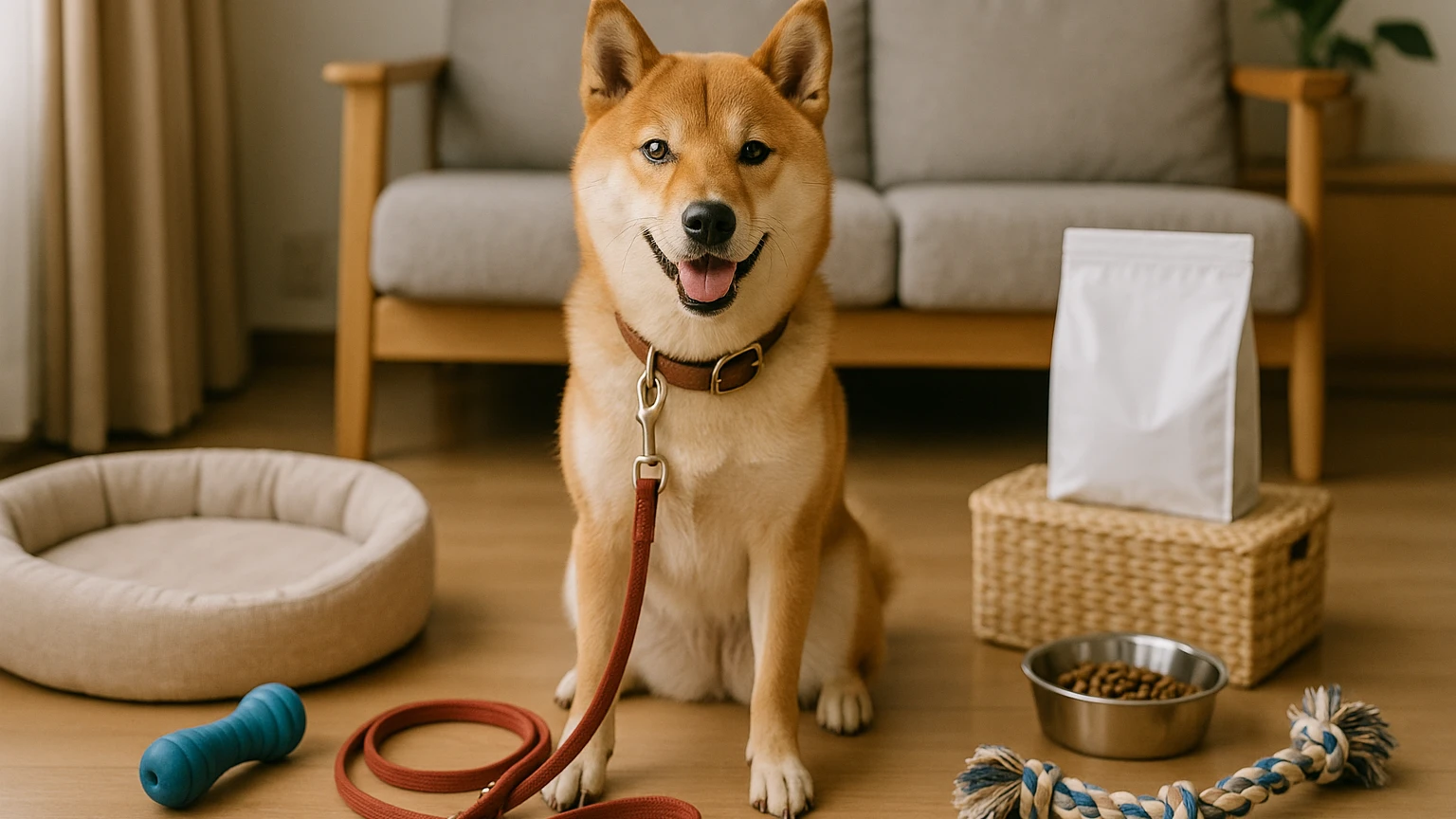 柴犬のトレーニング方法を初心者向けに解説しますに合わせたアイキャッチ。柴犬とペット用品の利用シーンを表現。 要点：柴犬のトレーニングは、その性格や特性を理解し