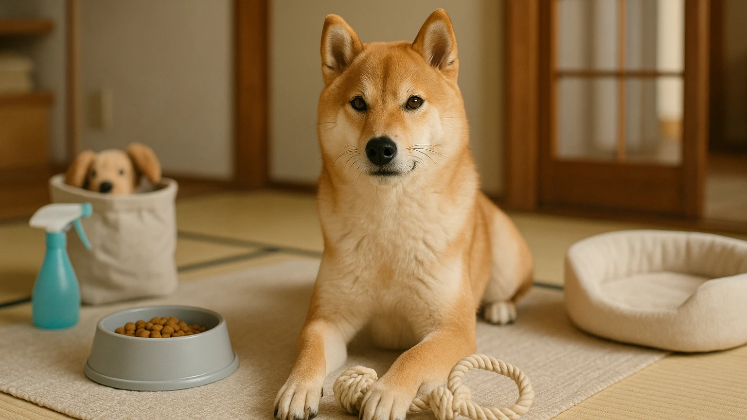 柴犬のペイントペット写真を楽しむためのガイドに合わせたアイキャッチ。柴犬とペット用品の利用シーンを表現。 要点：柴犬のペイントペット写真は、愛犬の特徴をアートと
