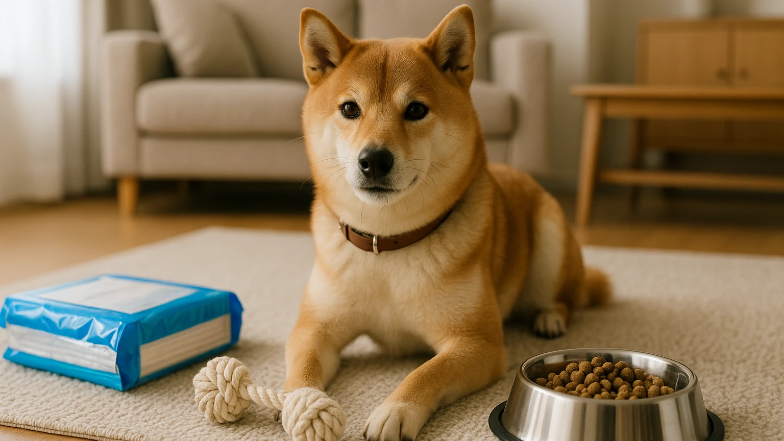 ユニチャームのペット製品を柴犬に活用する方法に合わせたアイキャッチ。柴犬とペット用品の利用シーンを表現。 要点：ユニチャームのペット製品は、犬や猫のために特別に