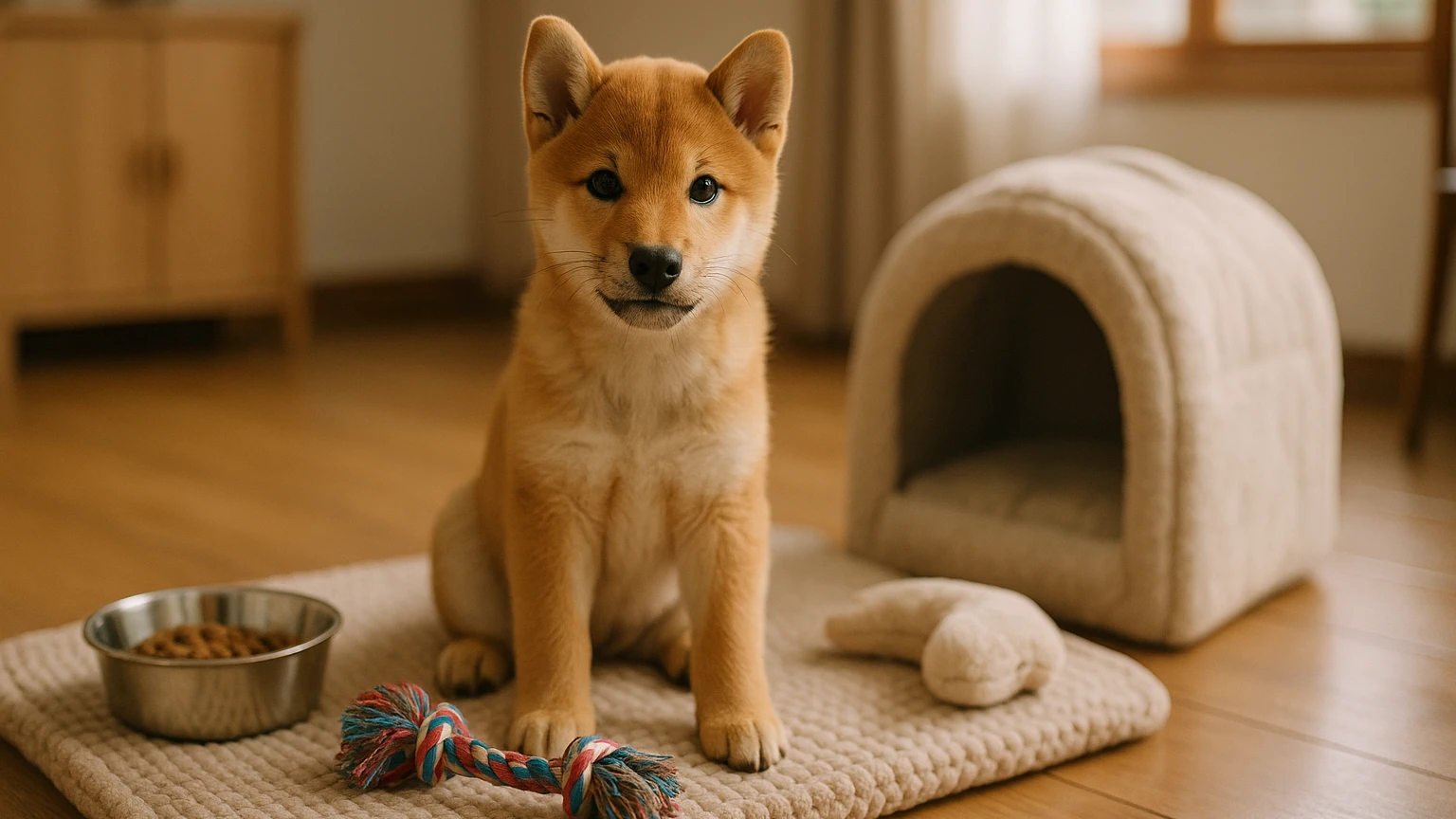柴犬 子犬 お世話 方法の基礎と活用ポイントに合わせたアイキャッチ。柴犬とペット用品の利用シーンを表現。 要点：柴犬の子犬のお世話は「健康管理・生活環境・しつけ
