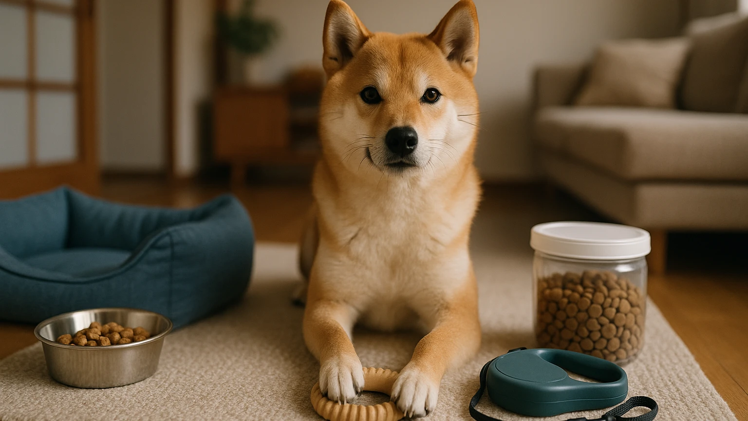 柴犬のしつけの方法おすすめの基礎と活用ポイントに合わせたアイキャッチ。柴犬とペット用品の利用シーンを表現。 要点：柴犬のしつけは「性格を理解し、ルールを一貫して