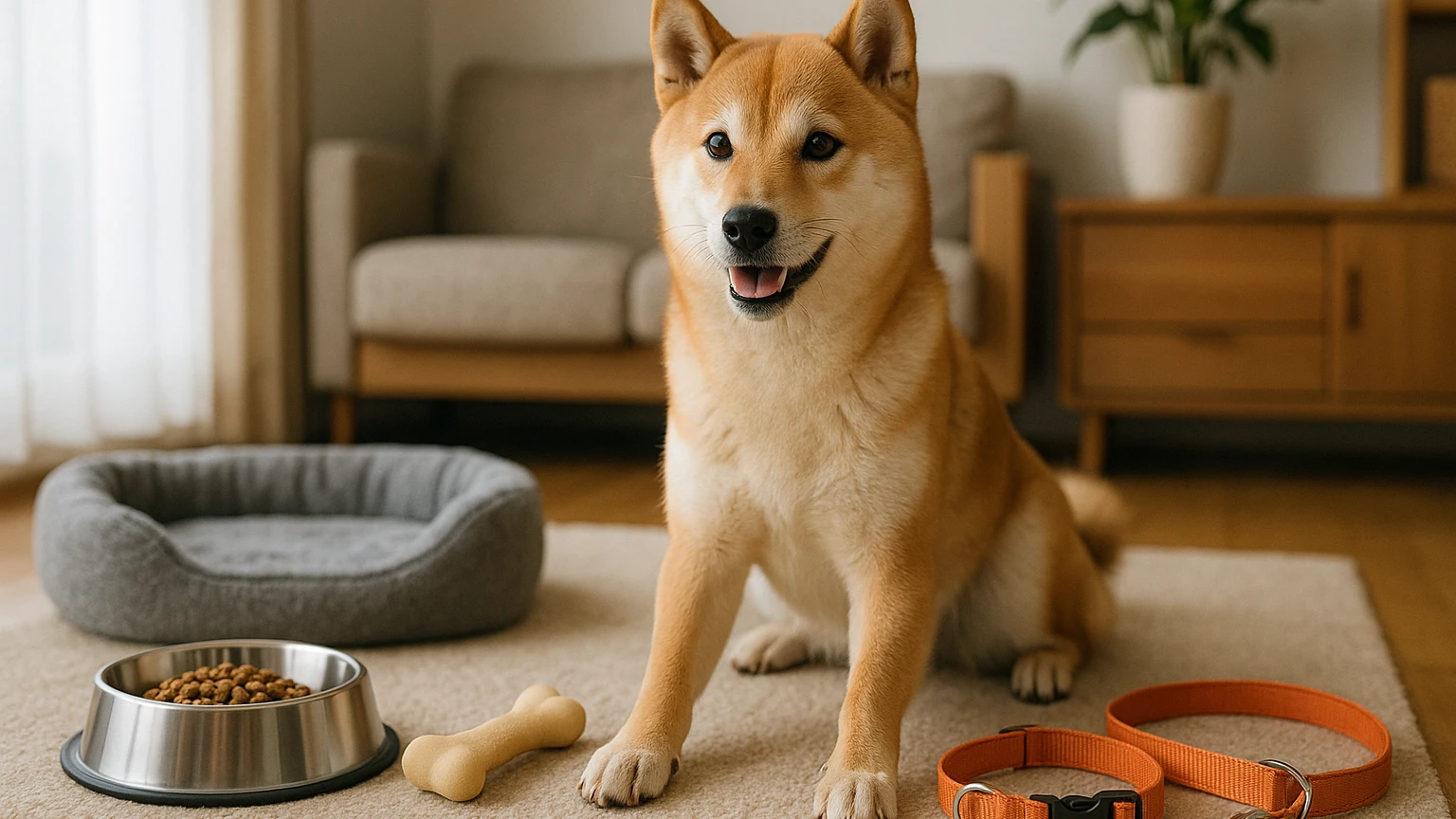 ジュエルのペットの柴犬用品の基礎と活用ポイントに合わせたアイキャッチ。柴犬とペット用品の利用シーンを表現。 要点：ジュエルのペットの柴犬用品は、柴犬の特徴に合わ