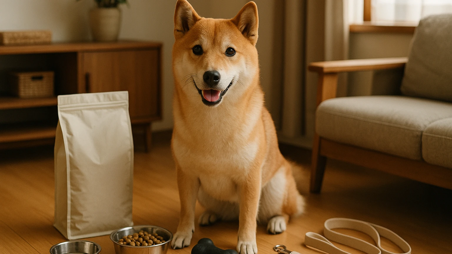 柴犬のペットの健康管理の基礎と活用ポイントに合わせたアイキャッチ。柴犬とペット用品の利用シーンを表現。 要点：柴犬の健康管理は「太らせない・病気を早期に見つける