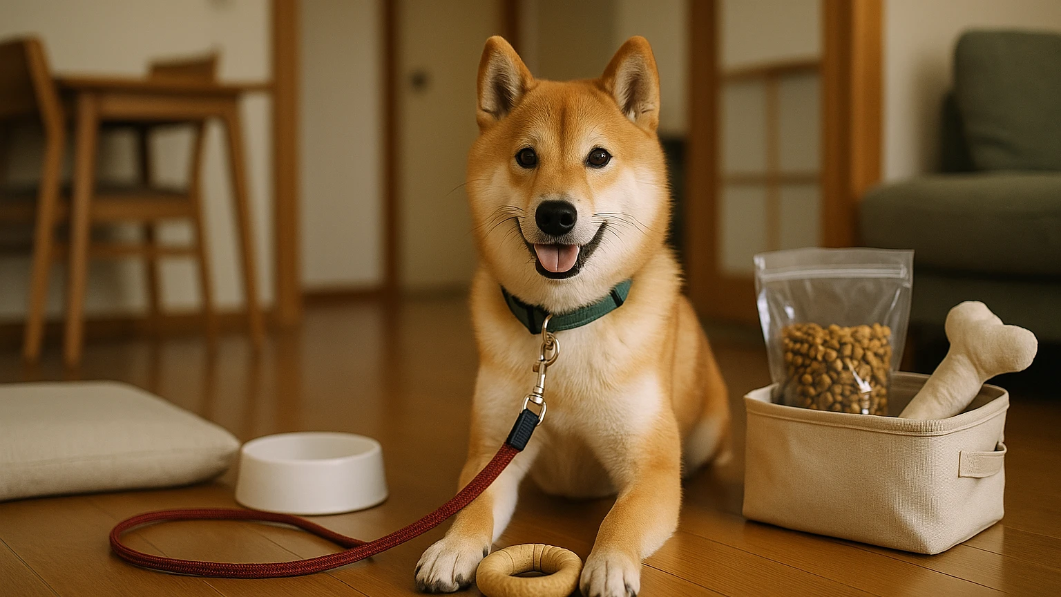 カインズのペットの柴犬グッズの基礎と活用ポイントに合わせたアイキャッチ。柴犬とペット用品の利用シーンを表現。 要点：カインズのペット売り場には、柴犬向けに使いや