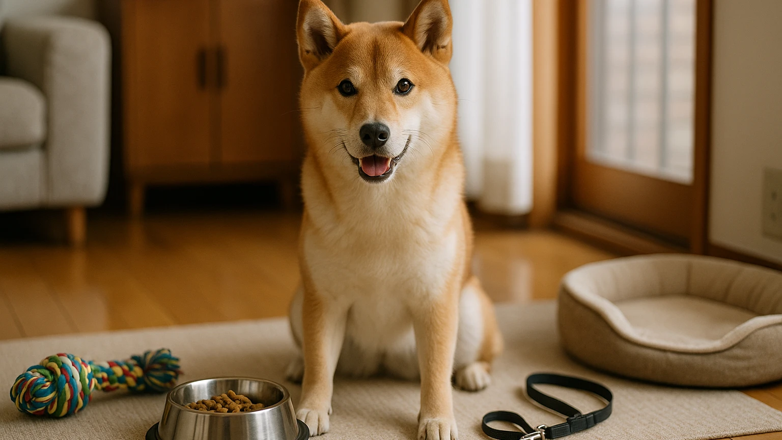 柴犬のペットのしつけ方法の基礎と活用ポイントに合わせたアイキャッチ。柴犬とペット用品の利用シーンを表現。 要点：柴犬のしつけは「ルールを一貫して伝えること」と「