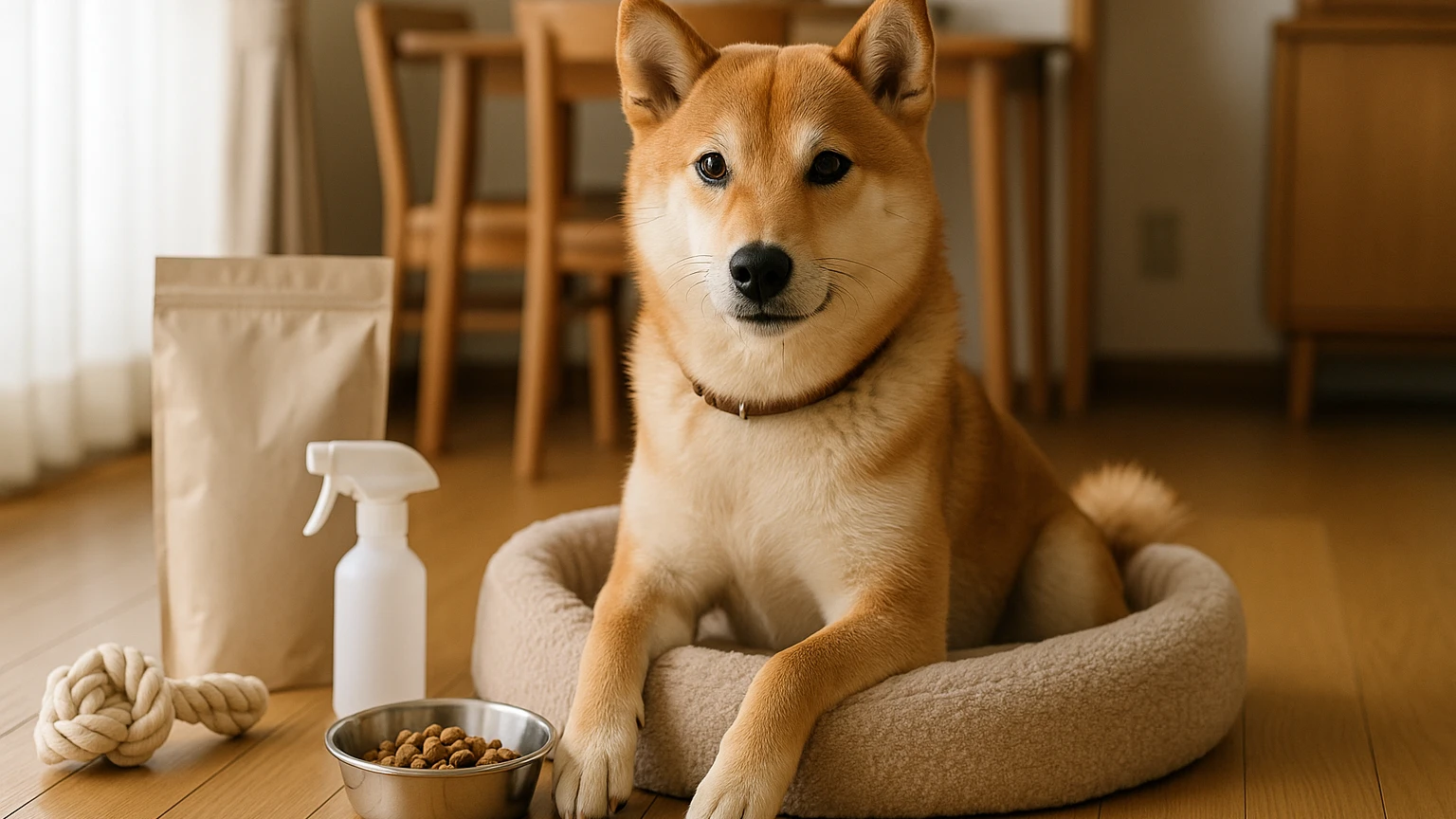 カインズのペット商品柴犬の基礎と活用ポイントに合わせたアイキャッチ。柴犬とペット用品の利用シーンを表現。 要点：カインズのペット商品は、柴犬の暮らしを「安全・清