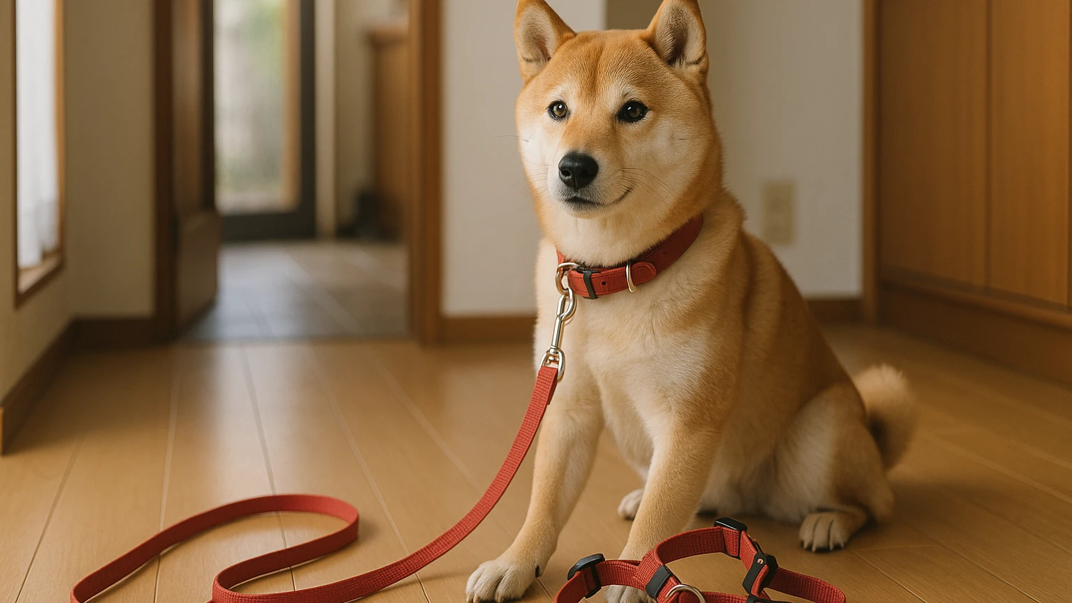 柴犬の散歩の時間重要性の基礎と活用ポイントに合わせたアイキャッチ。柴犬と首輪・ハーネスの利用シーンを表現。 要点：柴犬の散歩時間は「健康」と「問題行動の予防」に