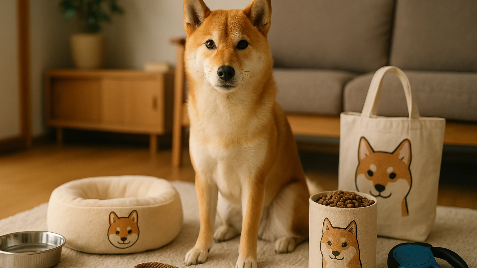 ペイントのペット商品柴犬の基礎と活用ポイントに合わせたアイキャッチ。柴犬とペット用品の利用シーンを表現。 要点：ペイント系のペット商品は、柴犬の写真やイラストを