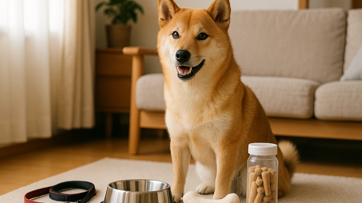 柴犬のしつけの方法簡単の基礎と活用ポイントに合わせたアイキャッチ。柴犬とペット用品の利用シーンを表現。 要点：柴犬のしつけは「厳しく一気に」ではなく「小さくコツ