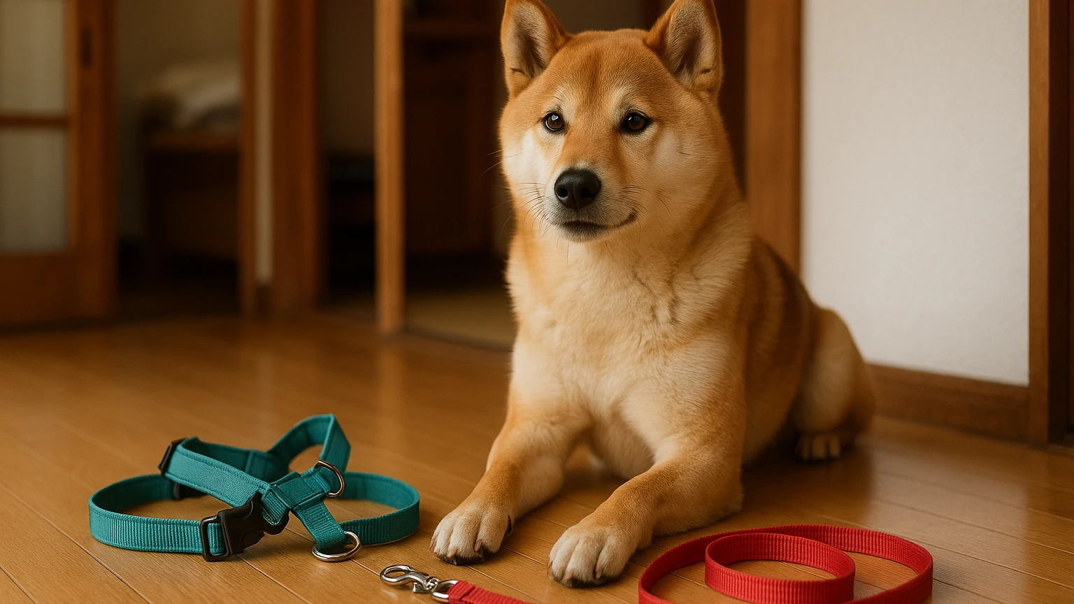 柴犬の散歩の時間距離の基礎と活用ポイントに合わせたアイキャッチ。柴犬と首輪・ハーネスの利用シーンを表現。 要点：柴犬の散歩時間・距離は「目安」を知りつつ、その子