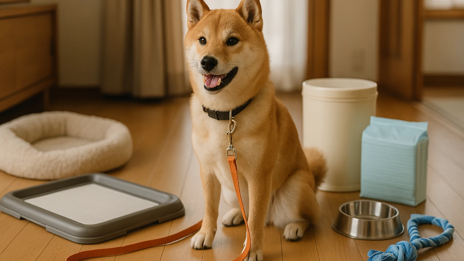 柴犬のしつけ教室の基礎と活用ポイントに合わせたアイキャッチ。柴犬とペット用品の利用シーンを表現。 要点：柴犬のしつけ教室は「問題行動を直す場所」だけでなく、飼い