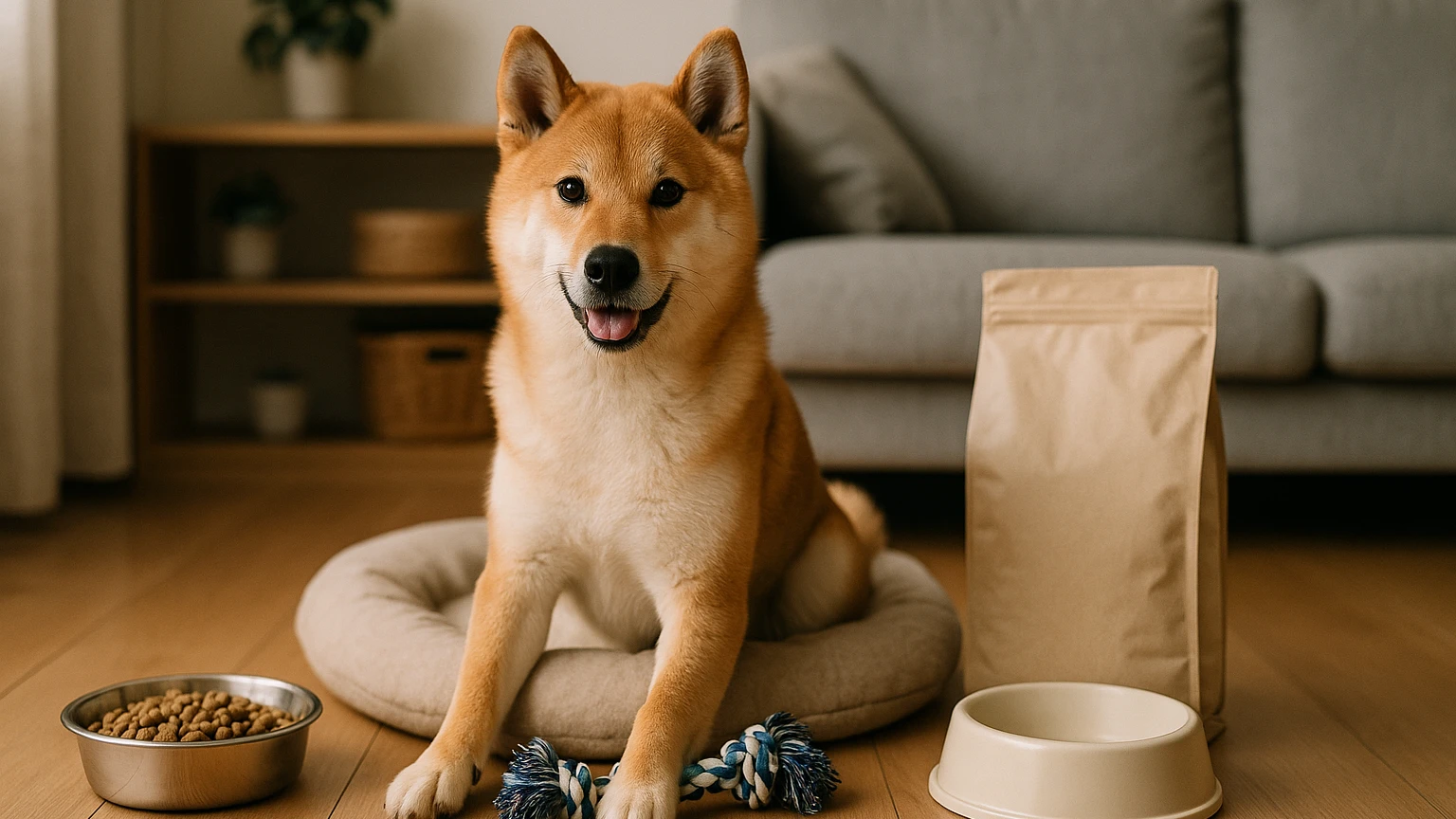 ペットショップの柴犬販売の基礎と活用ポイントに合わせたアイキャッチ。柴犬とペット用品の利用シーンを表現。 要点：ペットショップで柴犬を迎える流れは「情報収集→お