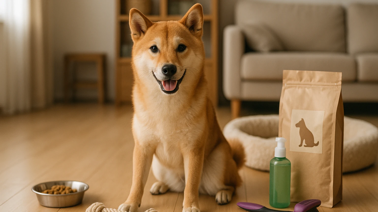 イオンのペットサービス柴犬の基礎と活用ポイントに合わせたアイキャッチ。柴犬とペット用品の利用シーンを表現。 要点：イオンのペットサービスは、柴犬の「買い物・お手