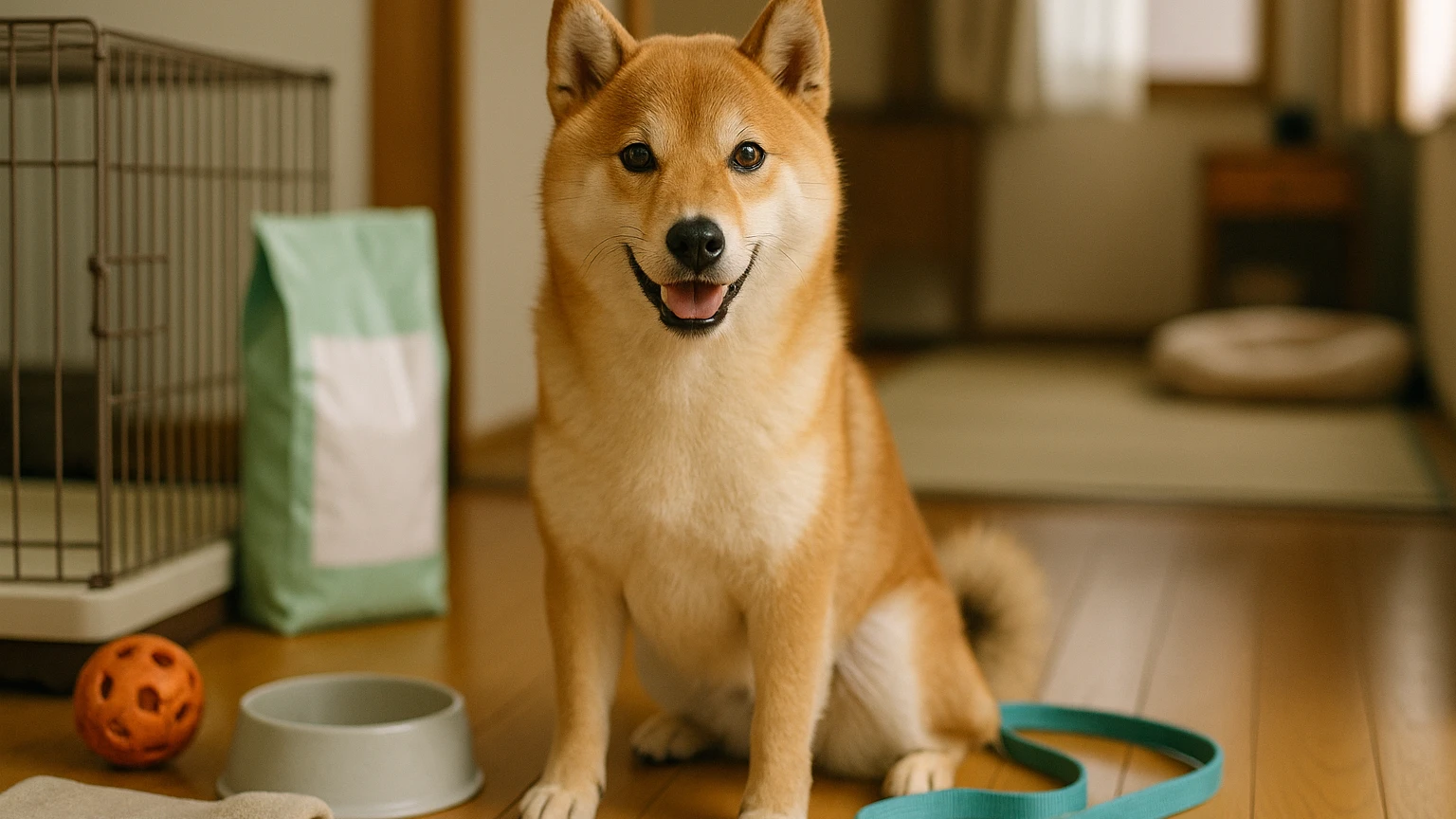 アイのペット用品柴犬の基礎と活用ポイントに合わせたアイキャッチ。柴犬とペット用品の利用シーンを表現。 要点：アイのペット用品で柴犬を快適に飼うには、「安全・サイ